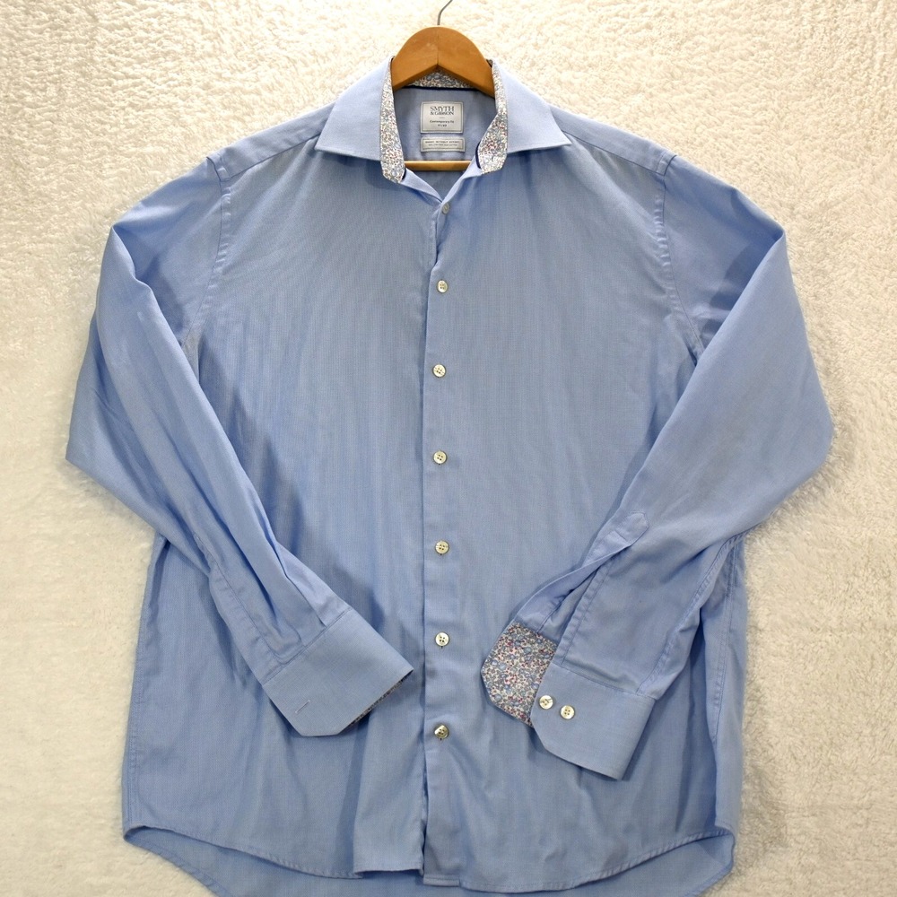 Smyth & Gibson Dress Shirt Mens M Blue Striped 100% Egyptian Cotton Tailored Fit